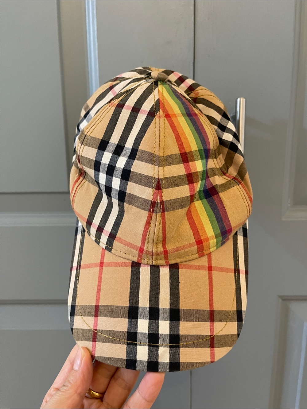 Burberry Beige Check Baseball Cap with Rainbow Stripe